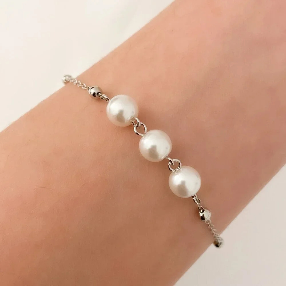 925 Sterling Silver Pearl Bracelet Bead Bracelet Dainty Stackable Bracelet